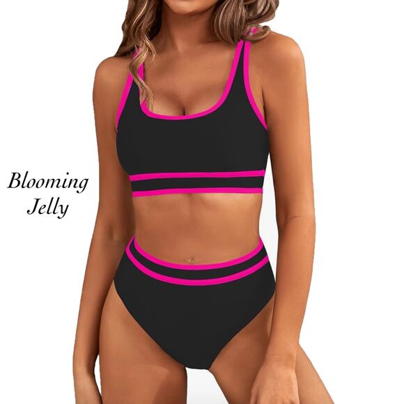 Blooming Jelly Black Pink Trim Padded High Waisted Bikini Swimsuits NWT Size M - Picture 1 of 12